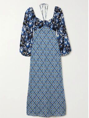 RIXO Blue Patterned Long Sleeve Maxi Dress